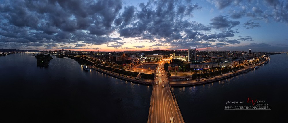 Красноярск Енисей мост центр город вечер огни фотограф квадрокоптер  дрон красивый вечер закат 