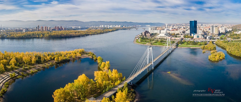 Красноярск река Енисей мост Татышева с высоты съемка фото с квадрокоптера видео фотограф